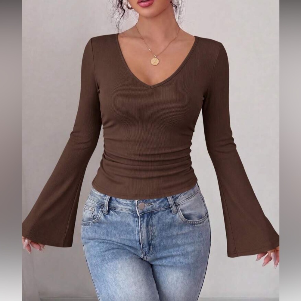 Women's Brown V-Neck Bell Sleeve Top